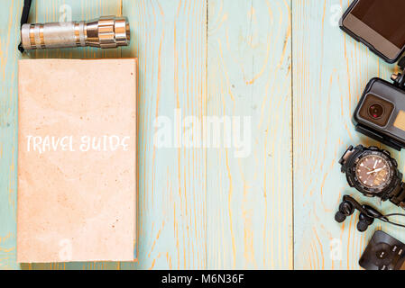 Travel accessories for trip on wooden background Stock Photo