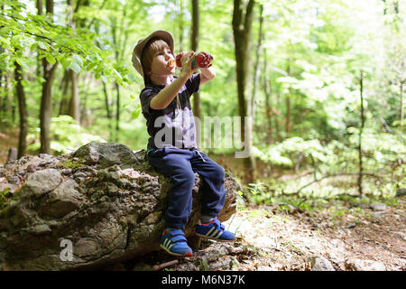 Little blond boy wearing a hat taking a break while hiking, drinking from bottle, Slovenia, Europe Stock Photo