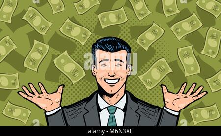 Successful businessman and dollars. Wealth, winning, success or earnings concept. Cartoon in pop art retro comic style, vector illustration Stock Vector