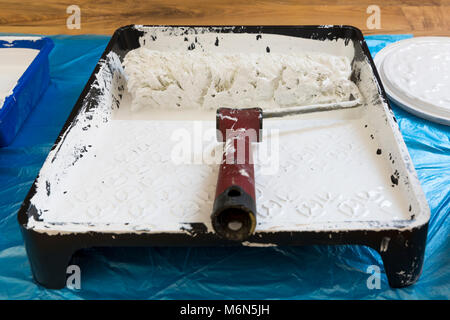 Roller for painting the walls and ceiling in paint tray. Painting tools. White wall color Stock Photo
