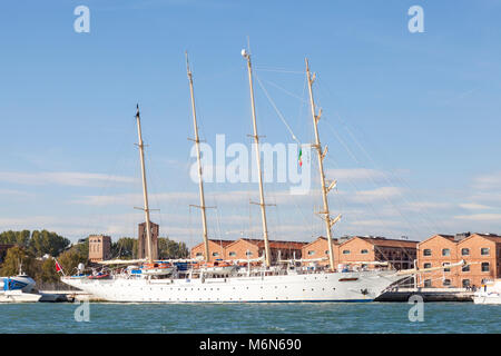 The four masted barquentine Star Flyer moored in port in Venice, Italy. This Swedish boat is a luxury cruise ship operated by Star Clippers Ltd. Stock Photo