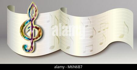 White paper music icon, banner, background with music notes and treble clef Stock Vector