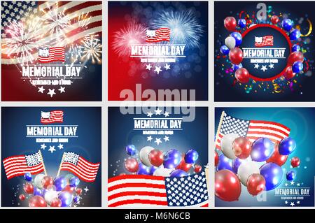 Memorial Day Background Template Vector Illustration Collection Set Stock Vector