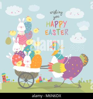 Easter chicken with easter eggs Stock Vector