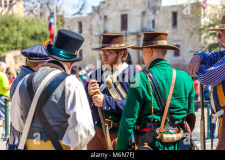 SAN ANTONIO, TEXAS - MARCH 2, 2018 - Men dressed as 19th century soldiers participate in the reenactment of the Battle of the Alamo, which took place  Stock Photo