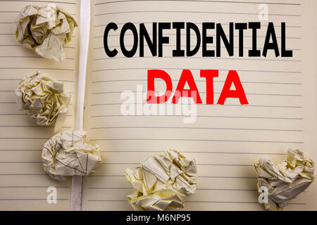 Handwritten text showing Confidential Data. Business concept writing for Secret Protection Written on notepad paper, white background with space and o Stock Photo