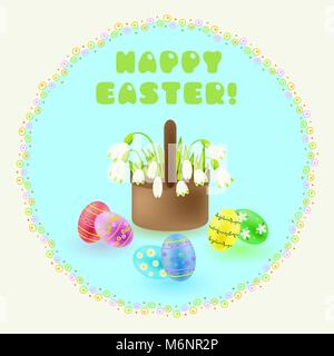 Easter greeting card with snowdrops in the wicker basket and painted eggs Stock Vector