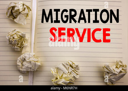 Handwritten text showing Migration Service. Business concept writing for Online Network Idea Written on notepad paper, white background with space and Stock Photo