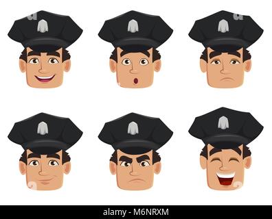 Face expressions of police officer, policeman. Set of different emotions. Handsome cartoon character cop. Vector illustration isolated on white backgr Stock Vector