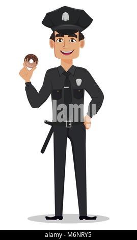Police officer, policeman with tasty donut. Smiling cartoon character cop. Vector illustration isolated on white background Stock Vector