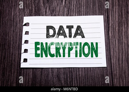 Word, writing Data Encryption. Business concept for Information Security written on sticky note paper on dark wooden background. Black and green. Stock Photo