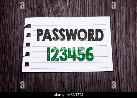 Word, writing Password 123456. Business concept for Security Internet written on sticky note paper on dark wooden background. Black and green. Stock Photo