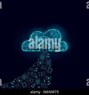 Cloud computing online storage low poly. Polygonal future modern internet business technology. Blue glowing global data information exchange folder file icon Stock Vector