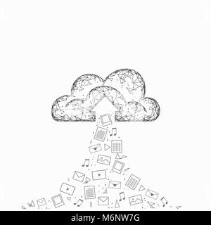 Cloud computing online storage low poly. Polygonal future modern internet business technology. White gray global data information exchange folder file icon Stock Vector