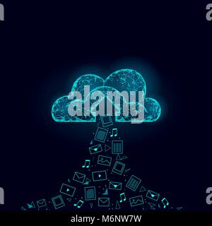 Cloud computing online storage low poly. Polygonal future modern internet business technology. Blue glowing global data information exchange folder file icon Stock Vector