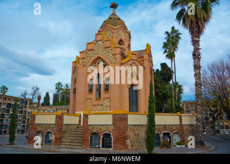 Modernista style chapel, from 1897, with neo gothic style windows, Cementiri de Les Corts, cemetery, Barcelona, Catalonia, Spain Stock Photo