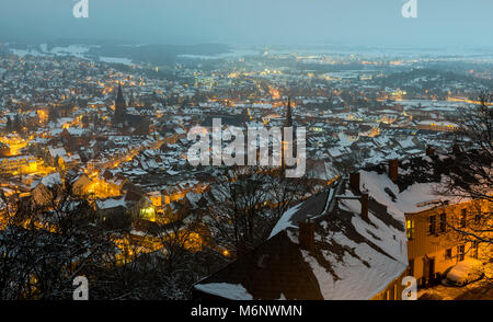 Wernigerode in winter with snow and a panoramic view of the city during dawn. Stock Photo