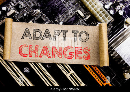 Writing text showing Adapt To Changes. Business concept for Adaptation New Future Written on sticky, computer main board background. Stock Photo