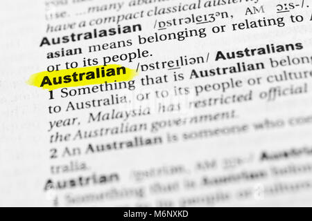 Highlighted English word 'australian' and its definition in the dictionary. Stock Photo