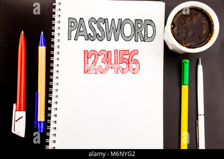 Writing text showing Password 123456. Business concept for Security Internet Written on notepad paper background with space office view with pencil ma Stock Photo