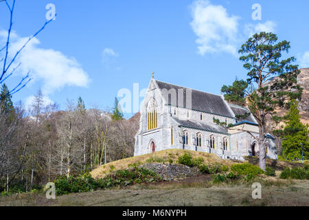 The church at Glenfinnan in the Highlands of Scotland on a sunny winter day. Stock Photo