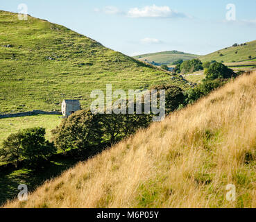 White Peak landscape in upper Dovedale with field barn viewed form the slopes of High Wheeldon near Earl Sterndale - Derbyshire UK Stock Photo