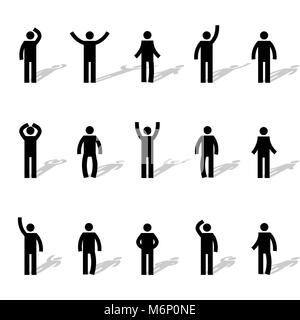 Set of stick figures, black mens silhouettes on a white background in various poses and positions. Icons people, vector illustration. Stock Vector