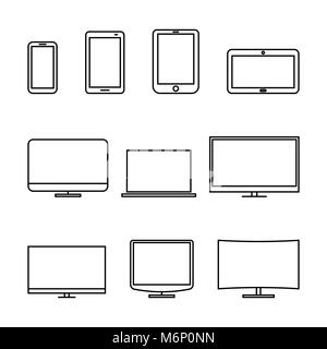 Set of computer monitors, laptop, e-book, tablets and mobile phones from thin lines. Electronic gadgets isolated on white background, vector illustrat Stock Vector