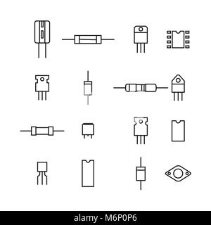 Set of various electronic and radio components of the thin lines, isolated on white background. Flat style, vector illustration. Stock Vector