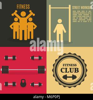 Set of sports equipment items. Flat elements design for gym and fitness, vector illustration. Stock Vector