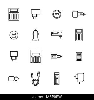 Icons of chargers from thin lines isolated on white background, vector illustration. Stock Vector