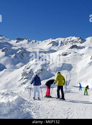 Swiss ski resort of Grimentz, with historic old wooden houses & barns, is  in the canton of Valais.  This mountain is village popular summer & winter. Stock Photo
