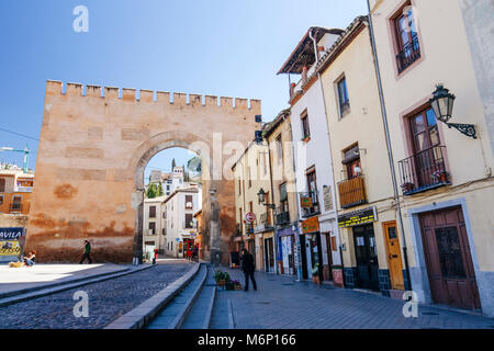 Gate or Arch of Elvira (bab-Ilvira) XI century linking the downtown with the Unesco listed Albaicin old town. Granada, Andalusia, Spain. Stock Photo