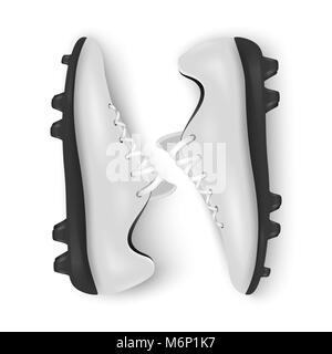 Photo-realistic vector 3d white blank pair mens football or soccer boots, shoes closeup isolated on white background. Soccer game professional footballers equipment. Design template or mockup for graphics Stock Vector