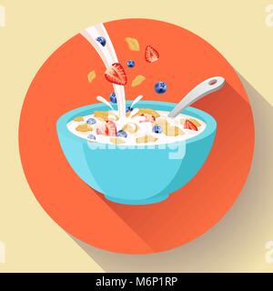 Vector breakfast cereal in bowl filled with milk and berries, flat cereal bowl icon. Breakfast icon. breakfast cereal in different flavors. Stock Vector