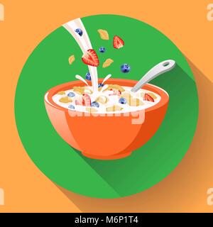 Vector breakfast cereal in bowl filled with milk and berries, flat cereal bowl icon. Breakfast icon. breakfast cereal in different flavors. Stock Vector