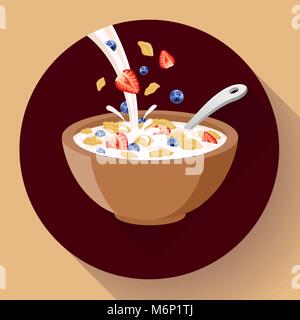 Vector breakfast cereal in bowl filled with milk and berries, flat cereal bowl icon. Breakfast icon. breakfast cereal in different flavors. Stock Vector