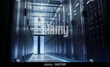 View Through Big Working Data Center with Server Racks. Stock Photo