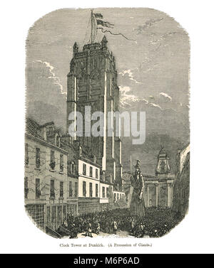 Clock Tower at Dunkirk, Procession of Giants, 19th century Stock Photo