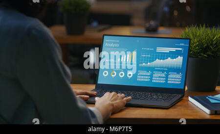 Female Analyst at Her Desk Works on a Laptop Showing Statistics, Graphs and Charts. She Works on the Wooden Table in Creative Office. Stock Photo