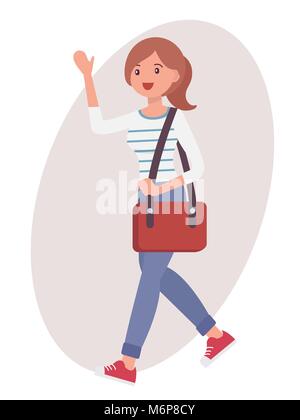 Cartoon character design female girl studen wave hand saying hello Stock Vector