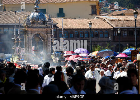 Silver Float and crowd, procession, Plaza de Armas, Corpus Christi Celebration, Cusco, Peru Stock Photo