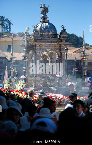 Silver Float and crowd, procession, Plaza de Armas, Corpus Christi Celebration, Cusco, Peru Stock Photo