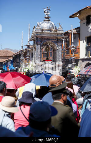 Silver Float and crowd, procession, Plaza de Armas, Corpus Christi Celebration, Cusco, Peru Stock Photo