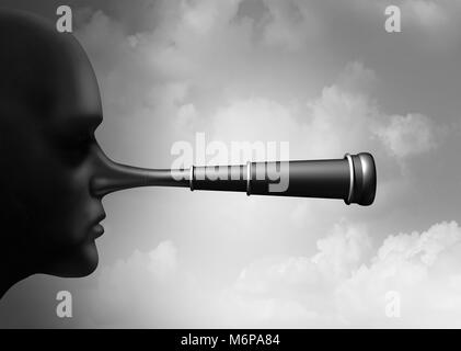 False research and scientific misconduct or conspiracy theory collecting information as a lier nose shaped as a telescope as a surreal idea. Stock Photo