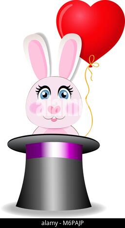 Cute cartoon pink rabbit with red heart shaped balloon sitting in the black magic cylinder hat isolated on white background. Vector illustration, icon Stock Vector
