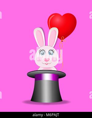 Cute cartoon pink rabbit with red heart shaped balloon sitting in the black magic cylinder hat isolated on rose background. Vector illustration, icon, Stock Vector