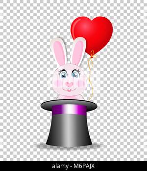 Cute cartoon pink rabbit with red heart shaped balloon sitting in the black magic cylinder hat isolated on transparent background. Vector illustration Stock Vector