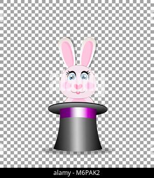 Bunny in magic hat isolated on transparent background. Cute rabbit sticking out of magician's cylinder top hat. Circus  concept with hat and rabbit tr Stock Vector