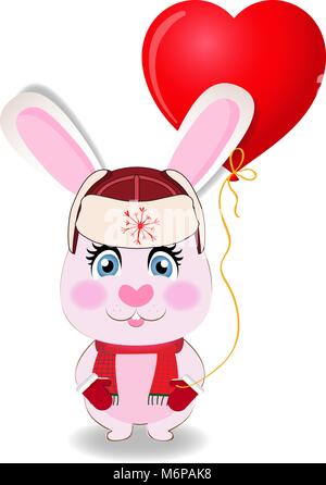 Cute cartoon rabbit in red hat with ear flaps, knit scarf and mittens holding red heart shaped balloon isolated on white background. Vector illustrati Stock Vector